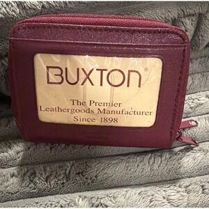 Buxton Double Zip Wallet Women Small Plum Red Leather Accordion Card Case Holder